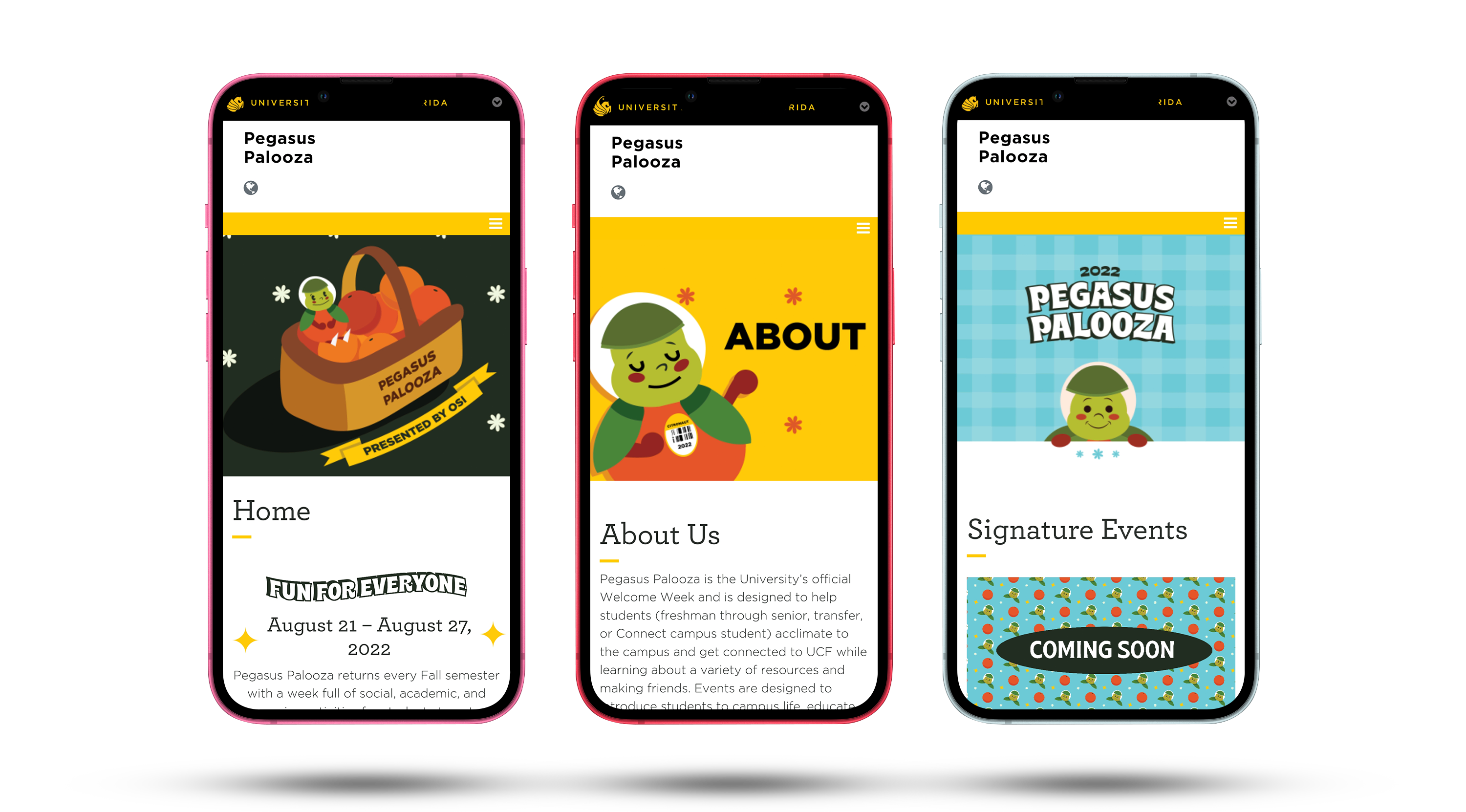 Three mobile devices displaying previews for Pegasus Palooza website design